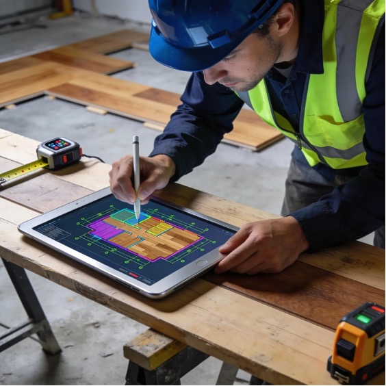 Contractor Using Tablet To Map Out Flooring